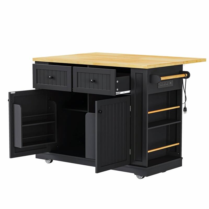 48" Rolling Kitchen Island with Drop Leaf, Power Outlet & 2 Bar Stools, Storage Cart with Drawers & Racks