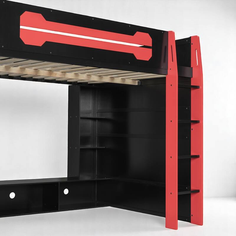 Full Size Gaming Loft Bed with Storage Shelves, Built-in Desk and RGB Light, Sturdy Wood Construction