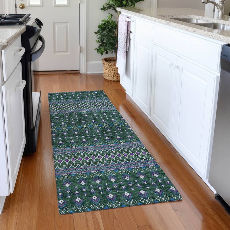 Machine Washable Indoor/ Outdoor Chantille Boho Morrocan Rug - Green - 2'3" x 7'6"