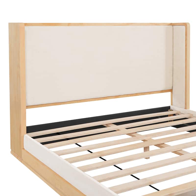 Wood Low Profile Bed Frame with Headboard, Mid-Century Floor Fabric Upholstered Bed Frame, Wood Slats Support, Beige + Nutural