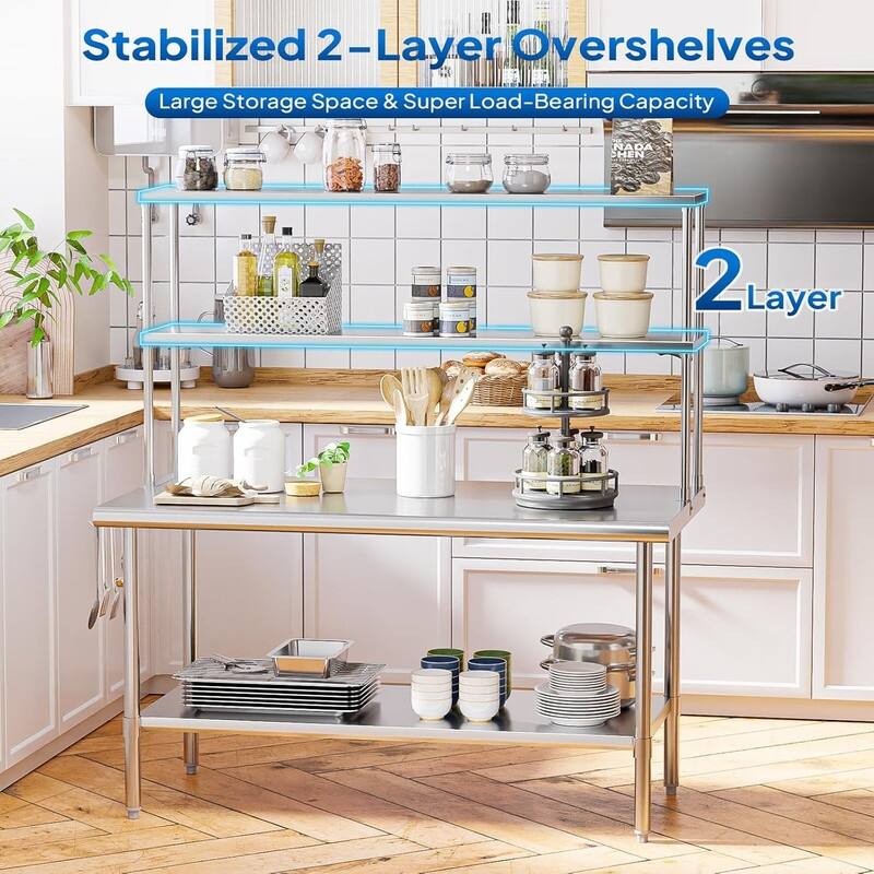 60 X 30 In. Stainless Steel Table With Overshelves And Detachable Hooks - N/A