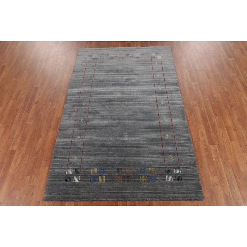 Striped Gray Gabbeh Oriental Area Rug Hand-Knotted Wool Carpet - 5'0"x 7'11"