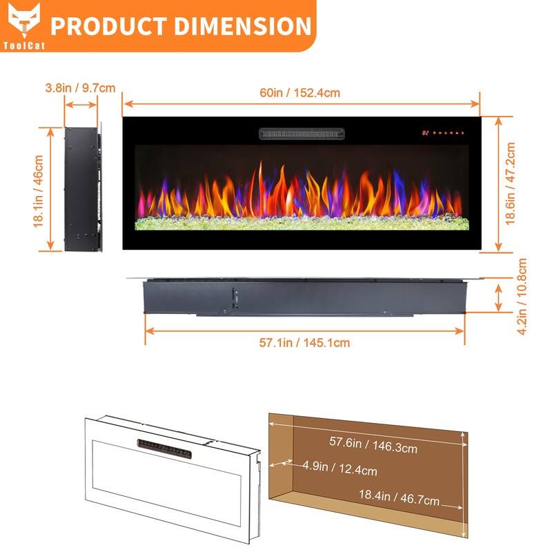 41.3/50/60 in. Wall Mount Recessed Electric Fireplaces in Black, Tempered Glass, Flame Effect, Multi-Color, Remote,1400-1500W