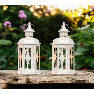 Set of Two White And Gold Glass And Metal Filigree Tabletop Lantern Candle Holders - 4 4/5" x 4 1/5" x 10"