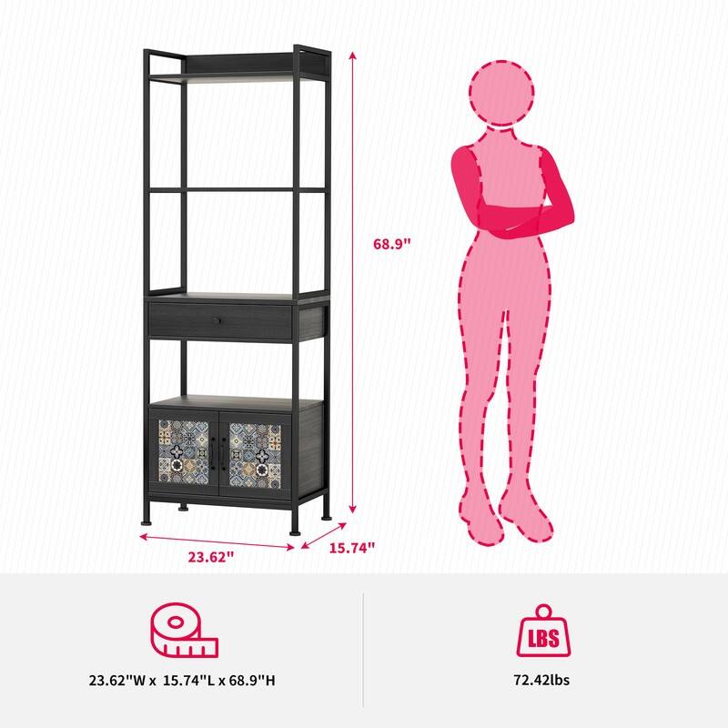Mixoy 6-Tier Bookshelf with Doors&Drawer, 69" Tall Bookcase with Shelves,Storage Organizer with Freestanding Storage Shelf Unit