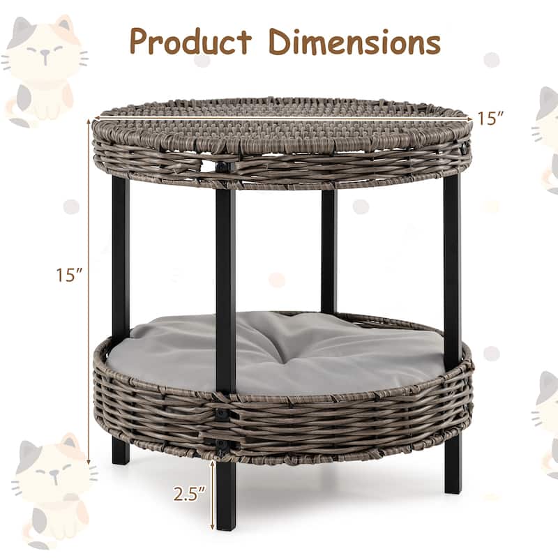 2-Layer Grey Rattan Cat Bed, Indoor Outdoor Pet Nest with Comfortable Washable Cushion - 15" x 15"