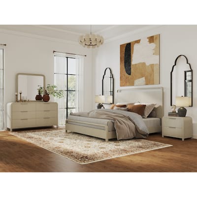 Roundhill Furniture Tavari 5-Piece Bedroom Set with Panel Bed, Dresser, Mirror, and Two Nightstands in Light Gray