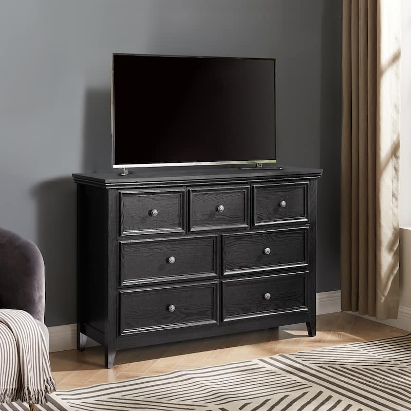 Modern Farmhouse Dresser Chest Drawers Cabinet with 7 Drawers Metal Slides Metal Handles, for Bedroom Living Room Hallway, Black