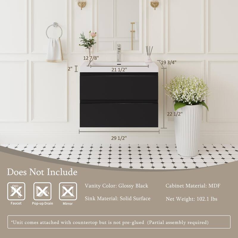 30" Wall-Mounted Bathroom Vanity with Resin Sink - Floating Bathroom Cabinet with Soft-Close Hinges,Floating Vanity Cabinet