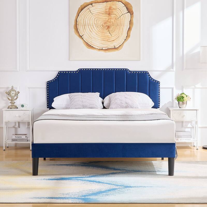 VECELO Upholstered Bed Frame with Nailhead Trim Adjustable Height Headboard, Twin/Full/Queen Size Bedframes