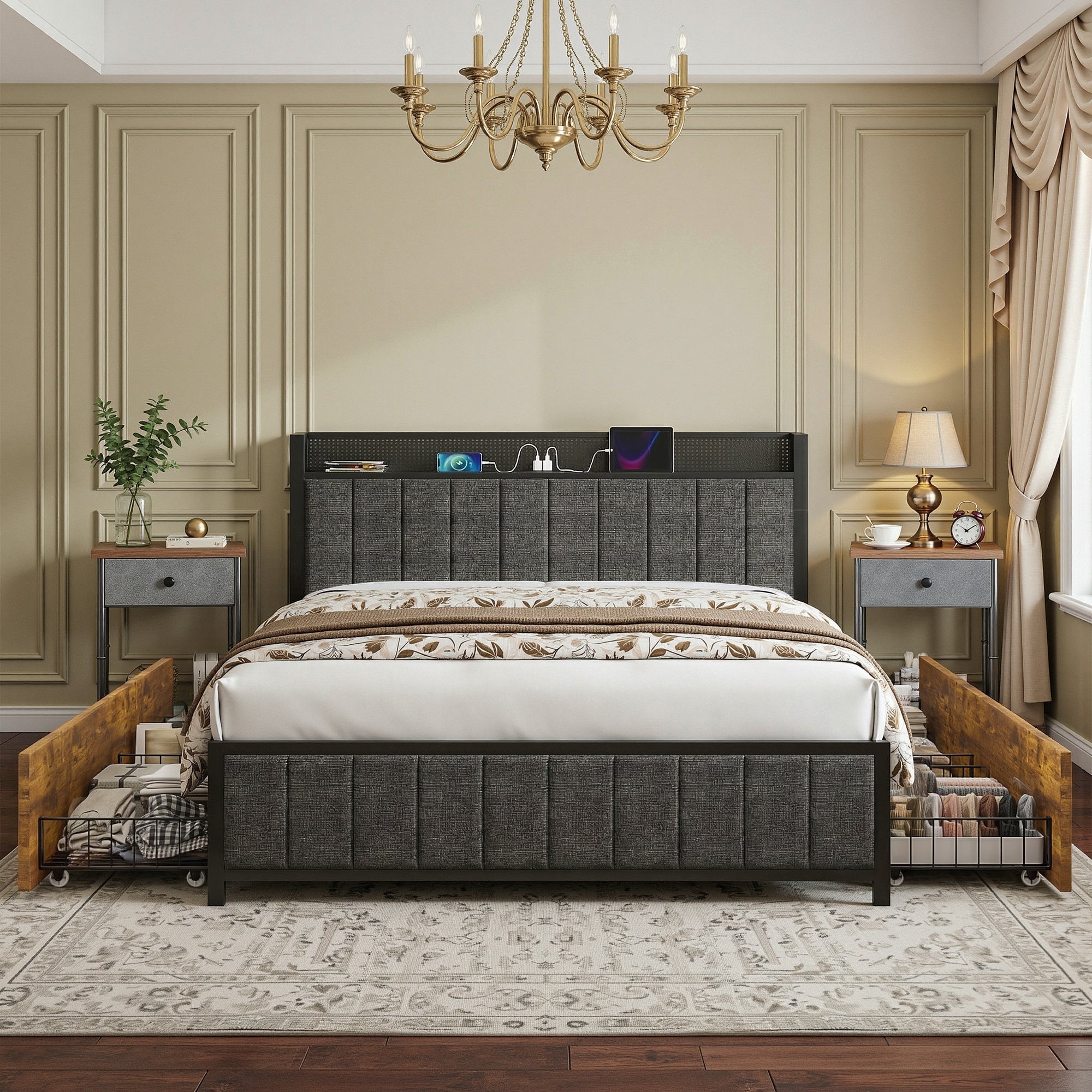 Javlergo Full Queen 3-Piece Bedroom Set with Storage Headboard LED Lights Charging Station Bed with 4 Drawers 2 Nightstands