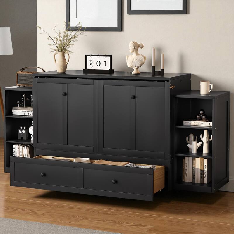 Full/Queen Size Murphy Bed with Storage Drawers and Shelves, Space-Saving Foldable Wall Bed for Guest Room