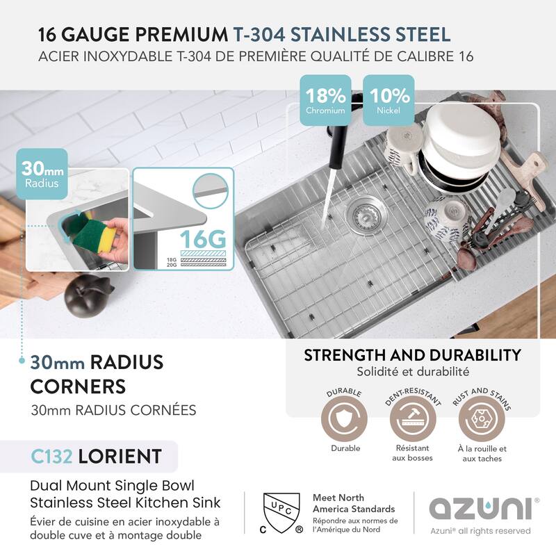 AZUNI Dual Mount 32" Single-Bowl Stainless Steel Kitchen Sink C132 - 32" x 18" x 9"