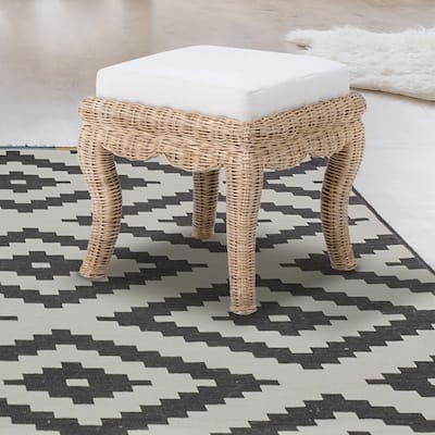 Praerie 19.7" Bohemian Designer Woven Rattan/Wood Vanity Stool, White Cushion with Natural Frame, by JONATHAN Y - 19.68"
