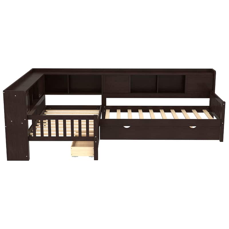 L-shaped Bunk Platform Bed Twin Size Solid Wood Storage Bedframe with Trundle, Drawer and Open Shelves for Boys, Girls, Kids