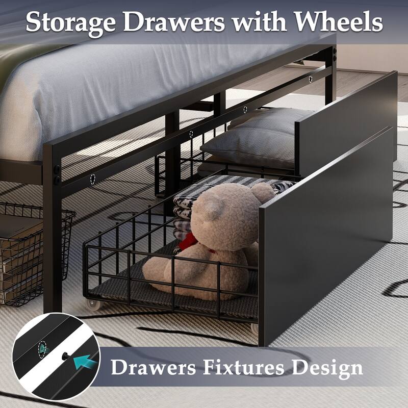 Platform Bed with Storage Headboard, Bed Frame with Charge Station and LED Light