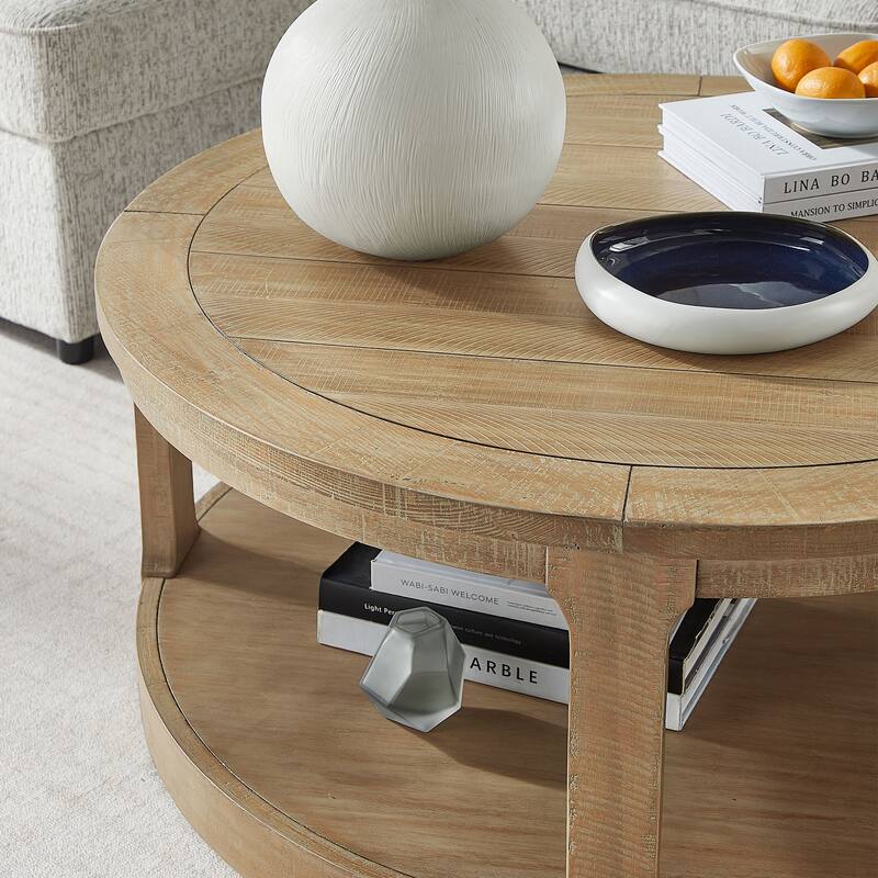 40" Wide Two-Tier Round Coffee Table – Curved Mid-Century Design with Wheels, Rustic Wood Finish for Living Room or Office‌