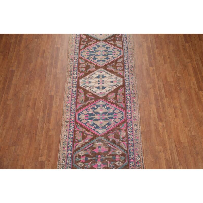 Hand Knotted Oriental 100% Wool Carpet Traditional Geometric Brown Heriz Runner Rug - 10' 11'' X 3' 9''