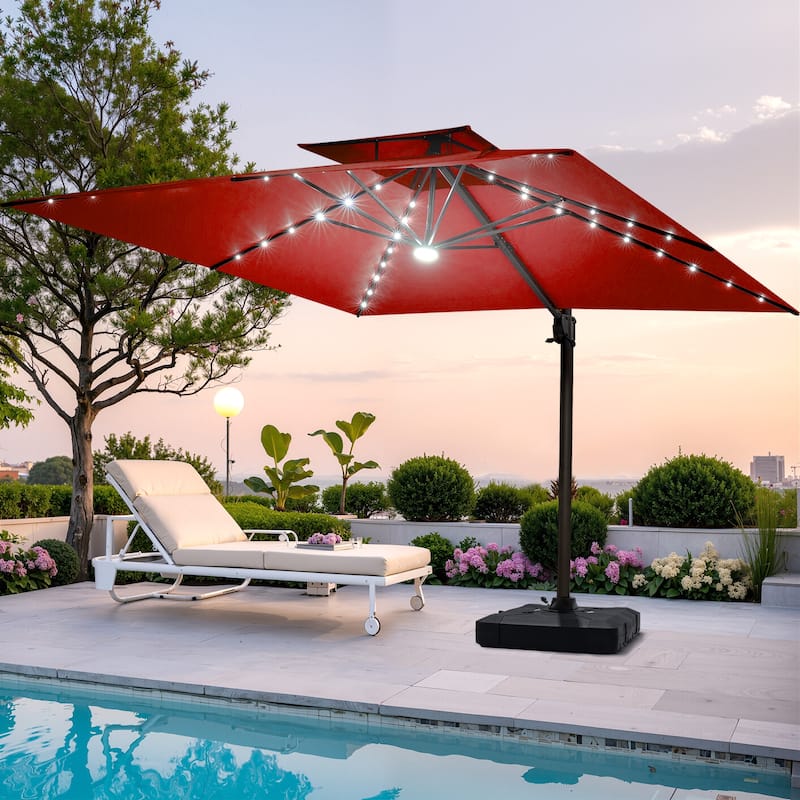 Pellebant 9x11FT Outdoor Dual Top Cantilever Patio Umbrella LED Light with Wheel Base - Red
