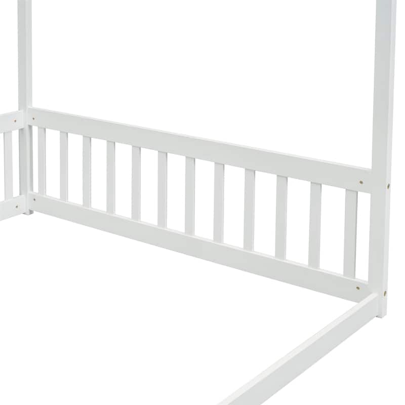 Full Size Canopy Frame Floor Bed with Fence,Guardrails