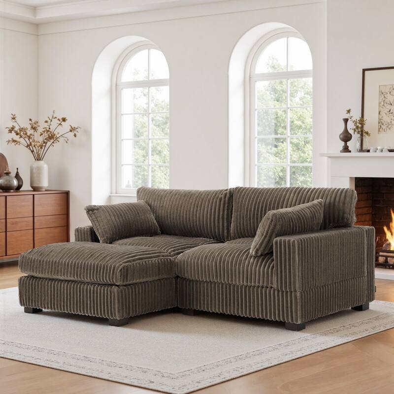 Plush Corduroy Upholstered Modular Sectional Sofa with Chaise - Left Facing - Light Brown-2 Pieces