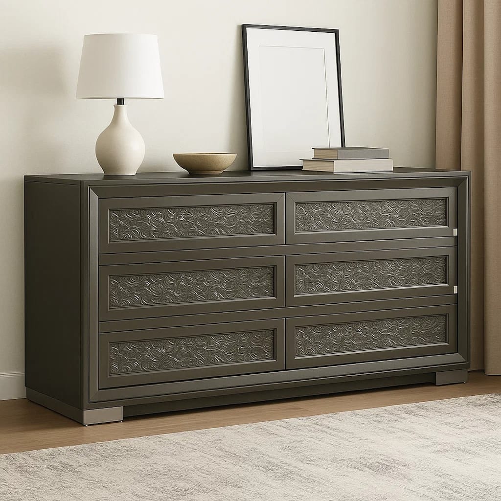Levi 6 Drawer Wide Dresser, Dark Gray Solid Wood, Bedroom Storage