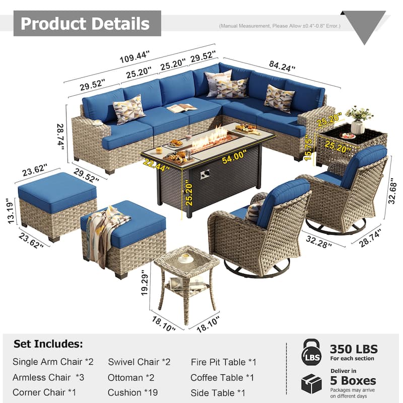 XIZZI 13-Piece Outdoor Wicker Sectional Swivel Chairs Set with Firepit Table