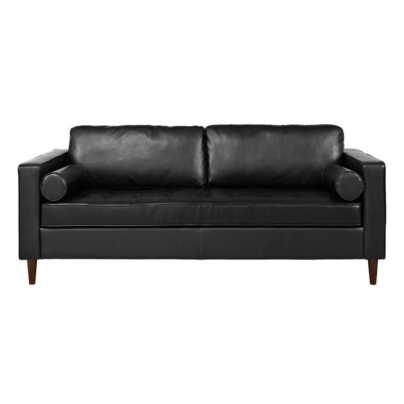 Mid-Century Modern 3-Seat Sofa, Black PU Leather, Tufted Design, Solid Wood Legs, 2 Bolster Pillows