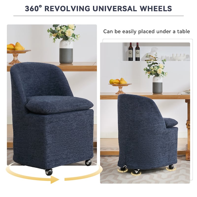 2PCS Soft Chenille Upholstered Dining Chairs, 360° Revolving with Wheels, Modern Design
