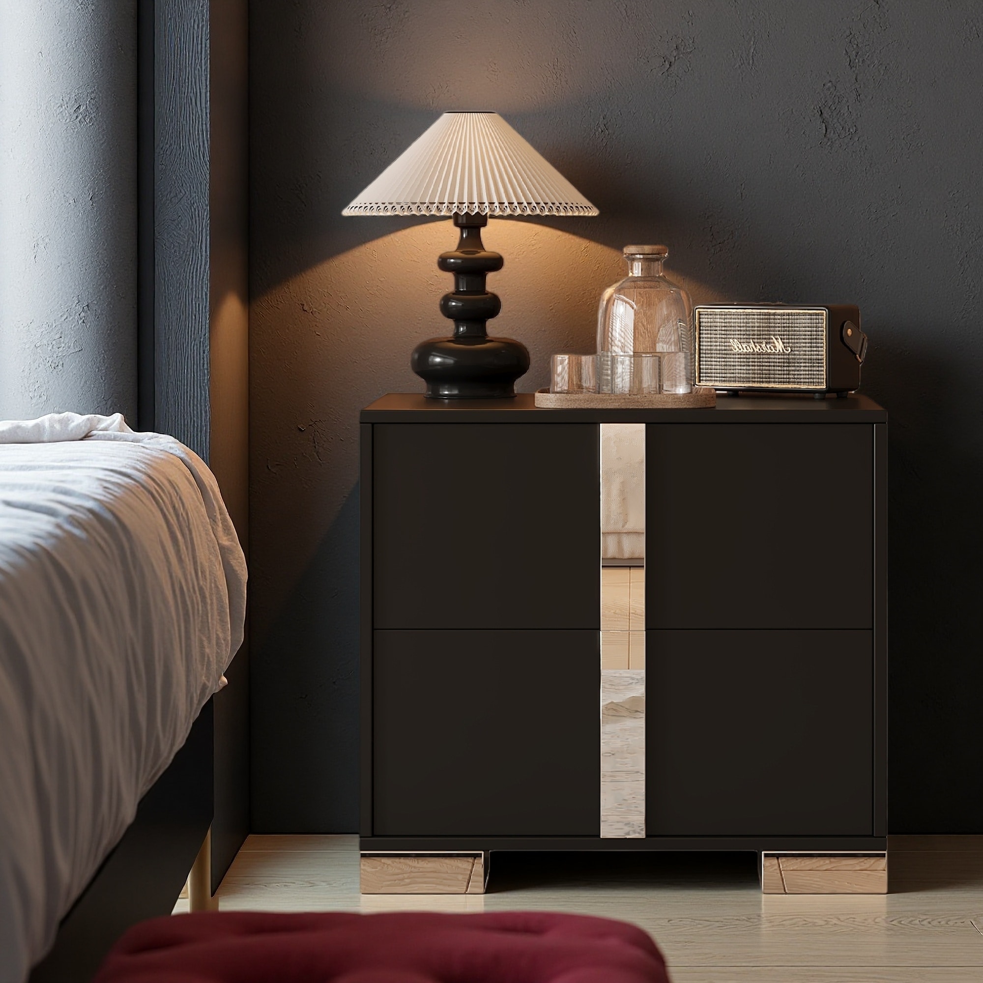 23.3"L MDF Metal Mirrored 2-Drawer Nightstand, Elegant Bedside Table with Metal Foot & Large Storage