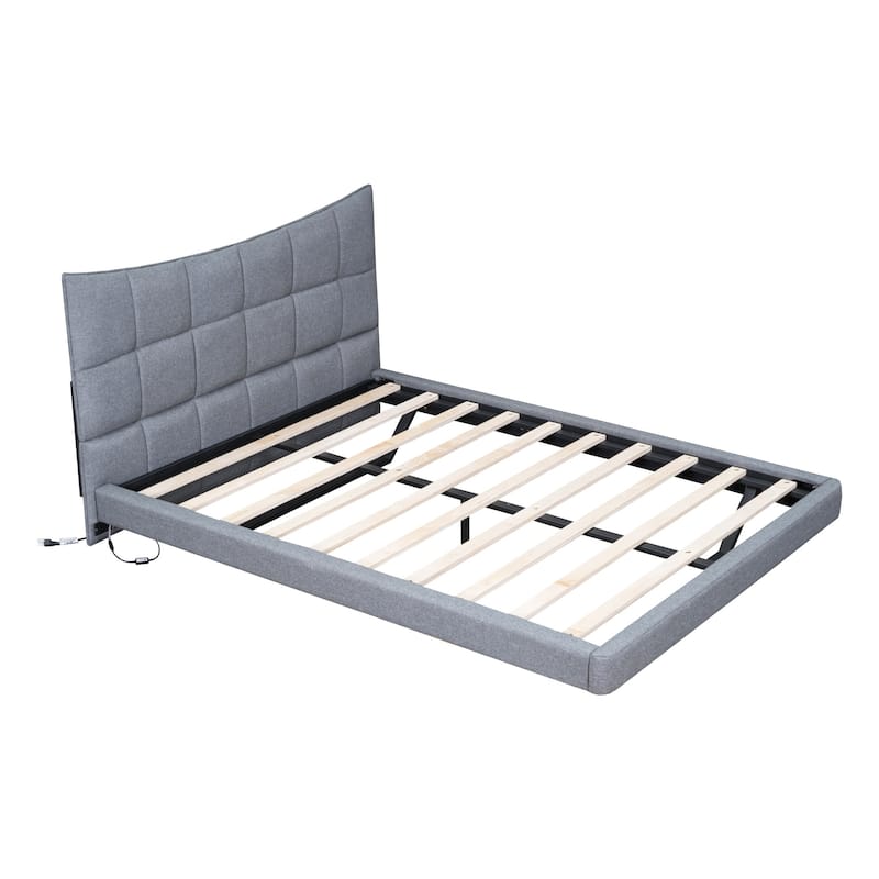 HomeRoots Gray Tufted Upholstered Full Bed Frame With LED Lighting And USB