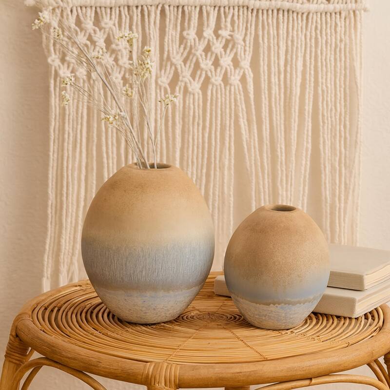 Aria Home Ombre Coastal Ceramic Oval Vase Set of 2 with Elegant Finish
