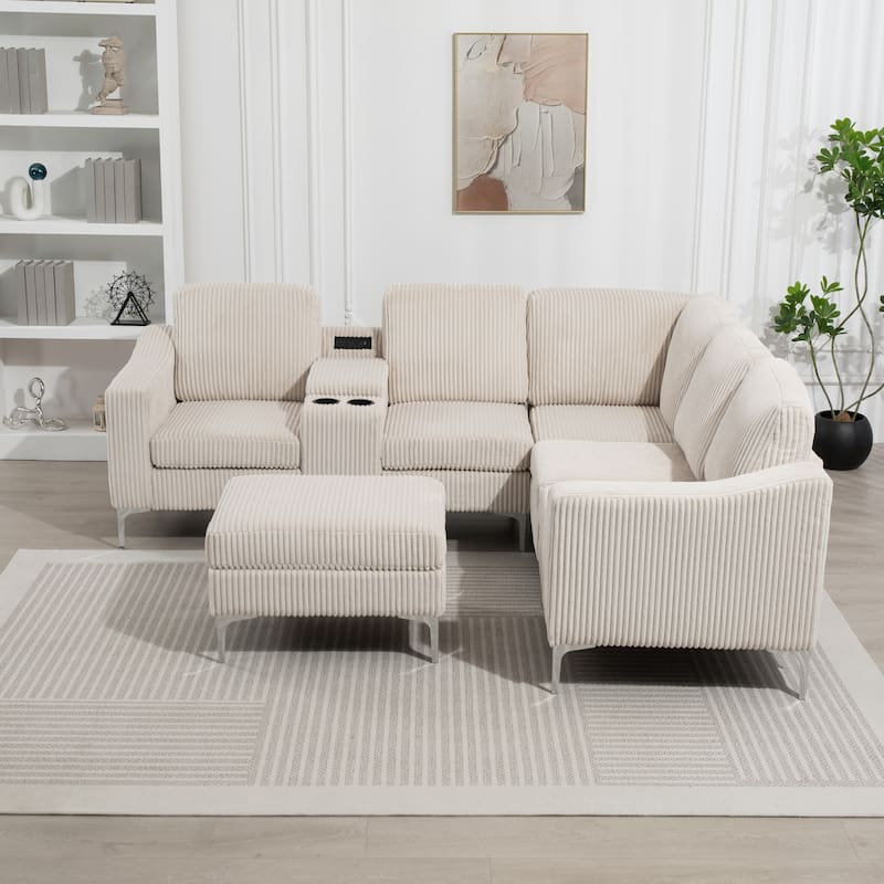 95.67" Corduroy L-Shaped Sectional Sofa with USB