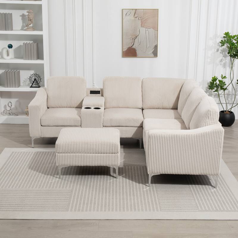Modular L-Shaped Corduroy Sectional Sofa with USB Ports, Storage Ottoman and Cup Holders for Living Room Apartment
