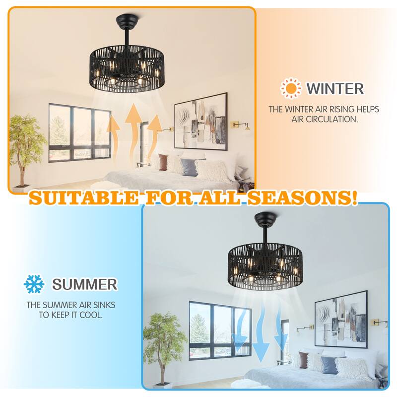 CurveCurio 20" Matte Black Reversible Ceiling Fan Light with Natural Wool Shade and Remote Control for Bohemian & Rustic Homes