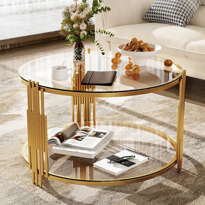Modern Glass Coffee Table in 31.5", Asymmetrical Metal, Circular Metal Drum Base, Gold Finish & Lower Shelf