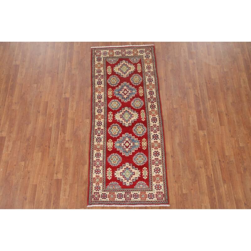 Hand Knotted Oriental 100% Wool Carpet Traditional Geometric Red Kazak Runner Rug - 6' 8'' X 2' 9''