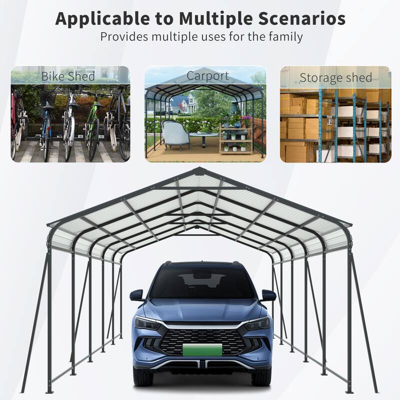13×26.5 FT Carport, Heavy Duty Carport Canopy, Metal Carport Large Garage with 6 Fixed inclined square tube supports