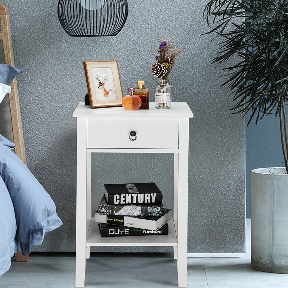  ZENODDLY Small Side Table with Drawer & 2 Shelves, 3 Tier Narrow  End Table with Storage, White End Tables for Living Room with Storage,  Elegant Wood Side Tables Living Room Table 