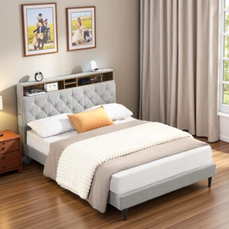 Queen Upholstered Platform Bed Frame with Linen Button-Tufted Headboard, Built-In USB Charging Station, Side Storage Pockets - LIGHT GREY