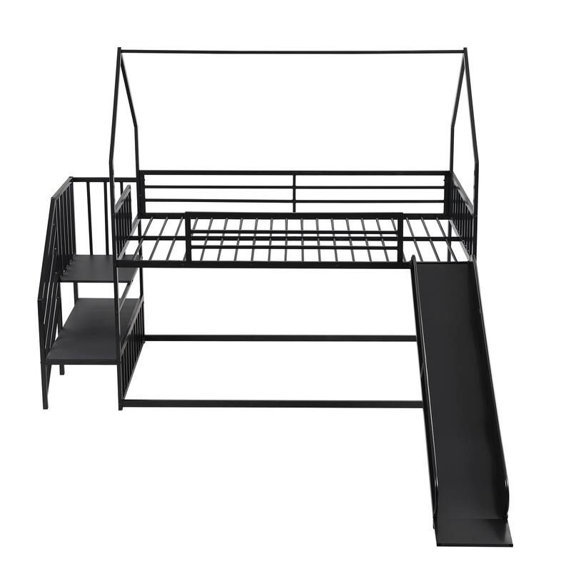 Twin Over Twin Bunk Bed House with Slide and Staircase, Metal Frame for Kids