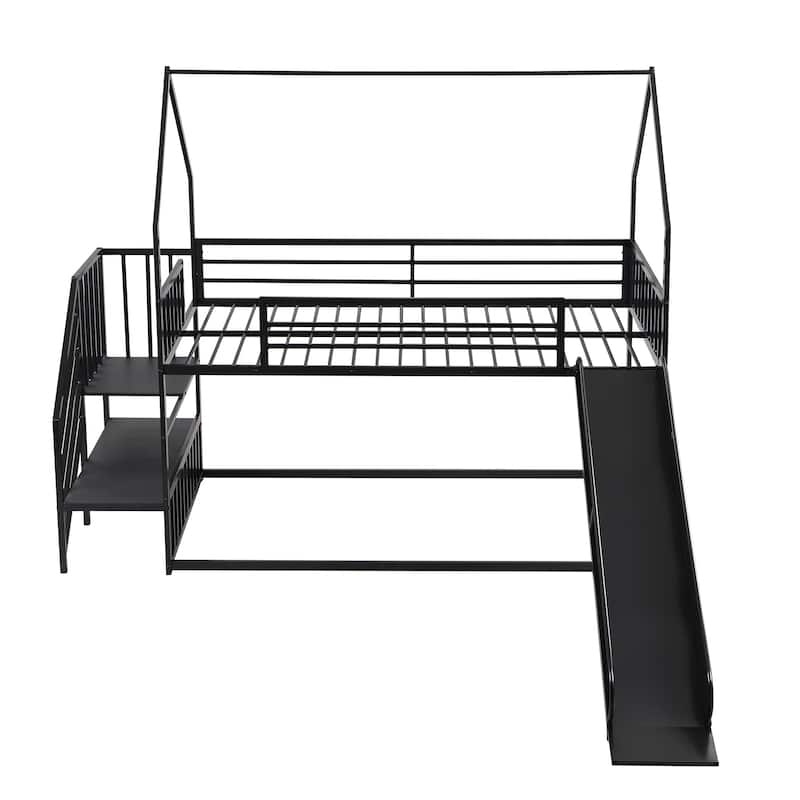 Twin Over Twin House Bunk Bed with Convertible Slide & Staircase, Metal Floor Bunk Beds Frame for Kids Boys Girls, Easy Assembly