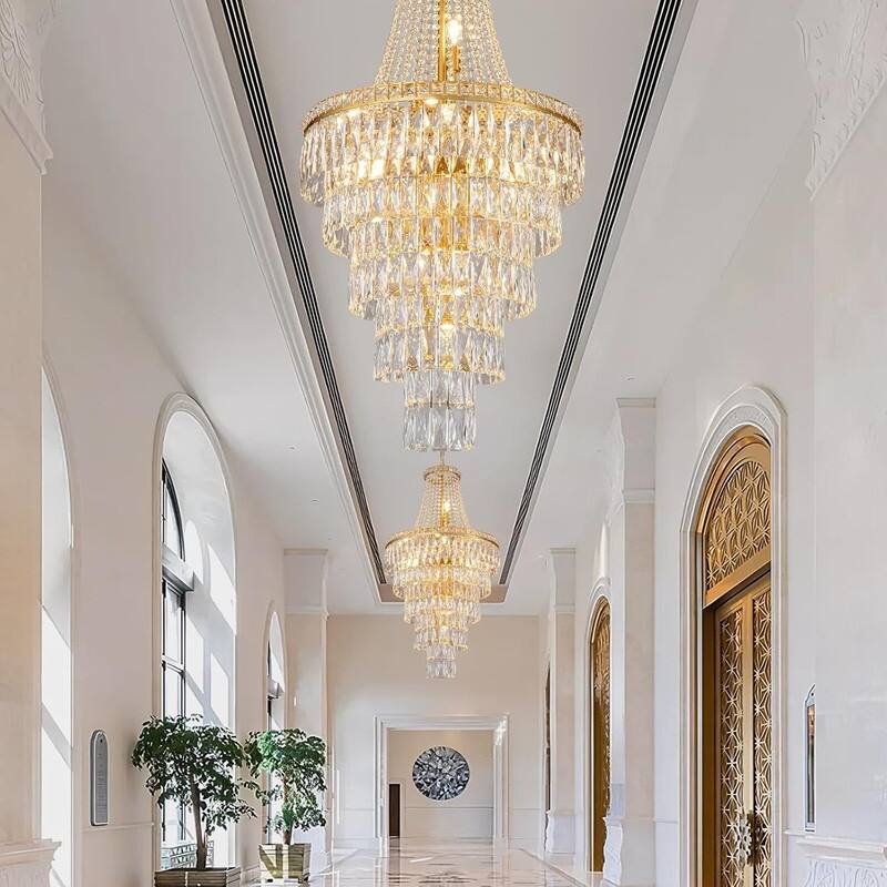 KAYLA High Ceiling Chandelier 13-Light Gold Modern Crystal Chandeliers Pendant Light Foyer Chandelier Fixtures