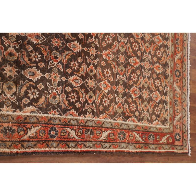 Brown Hamedan Persian Vintage Runner Rug Handmade Wool Carpet - 3'4"x 10'5"
