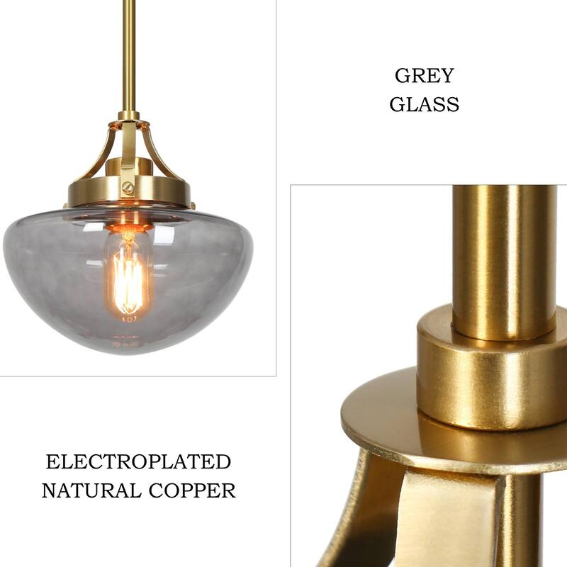 Modern 1-Light Gold Kitchen Island Pendant Light Grey Glass Hanging Light for Dining Room - 8.5"Dia x 22"H