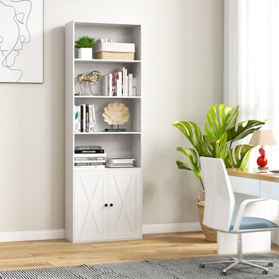 71'' Farmhouse Bookcase with Doors with 6 Shelves & 2-Door Cabinet