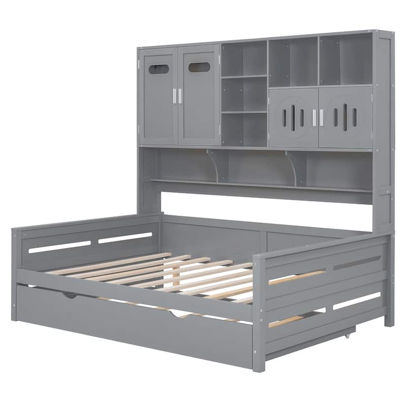 Full Size Wooden Daybed with Trundle, Storage Cabinet & Shelves, Pine Wood Frame