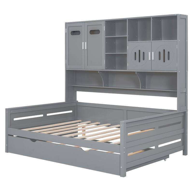 Space-Saving Full Size Daybed with Twin Trundle, Wooden Platform Bed Frame with All-in-One Cabinet & Shelf, No Box Spring Needed