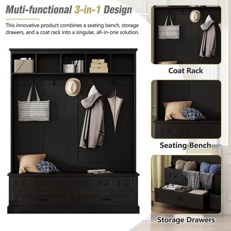 59 in Hall Tree with Lift-Top Bench, 5 Hooks, 2 Drawers, Entryway Coat & Shoe Organizer, 74 in H