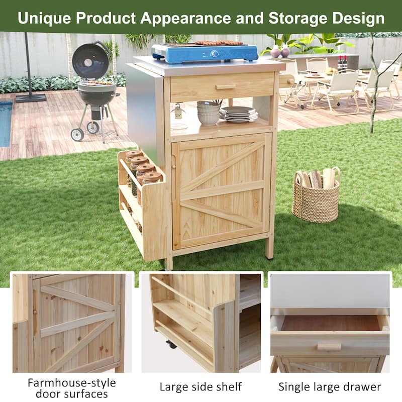 40.5" Outdoor Grill Cart with Stainless Steel Top, Rolling Buffet Serving Cart with Drop Leaf, Patio Kitchen Island Cart